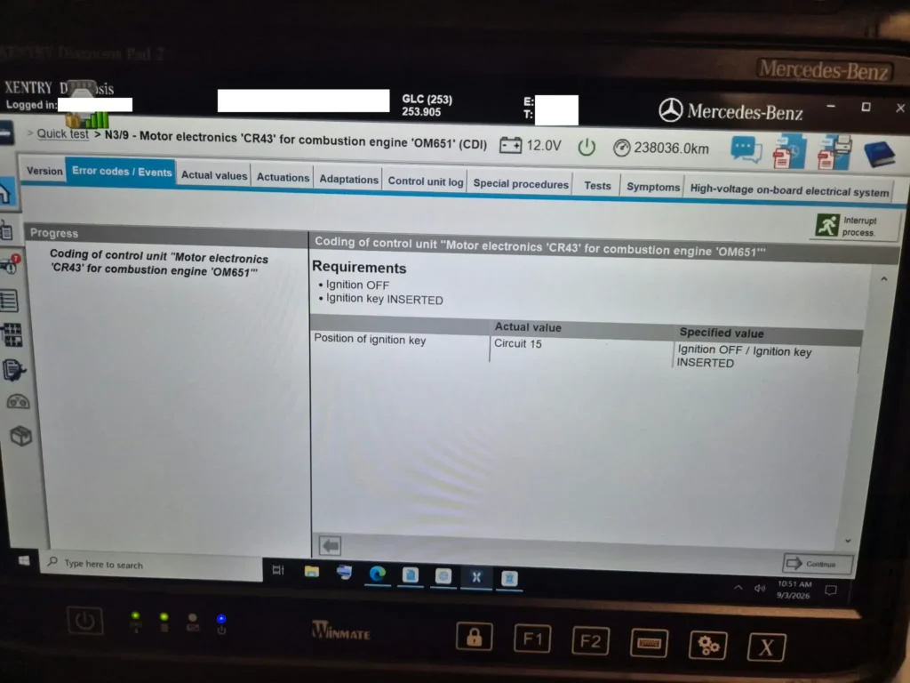 XENTRY SCN coding of the CR43 engine control unit on a Mercedes GLC OM651 diesel to clear the AdBlue no-start restriction