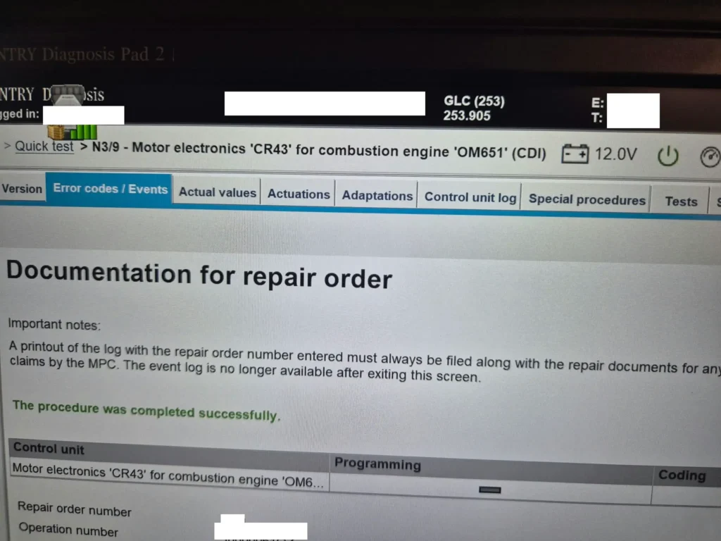 XENTRY repair order documentation confirming the engine control unit coding was completed successfully on a Mercedes GLC