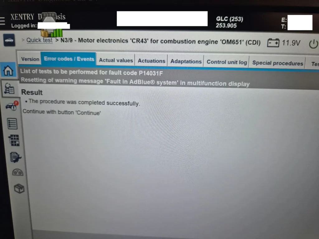 XENTRY result screen showing the AdBlue warning reset procedure completed successfully on a Mercedes GLC 220 d