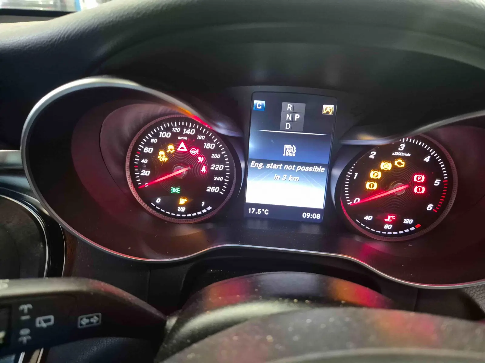 Mercedes GLC instrument cluster showing the AdBlue warning 'Eng. start not possible in 3 km'